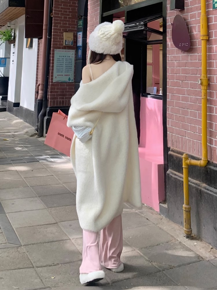 Mink velvet sweater coat for women loose lazy style mid-length white knitted cardigan hooded bathrobe coat autumn and winter