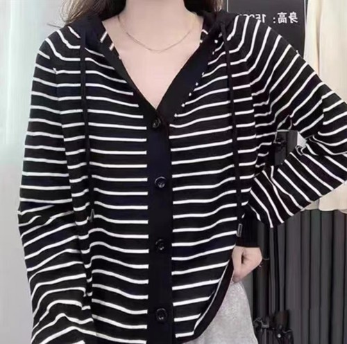 Striped hooded casual sweater sweatshirt for women autumn new Korean style loose sweater cardigan foreign style versatile jacket