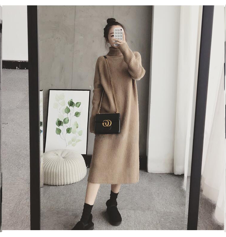 High collar inner bottoming knitted dress for women, autumn and winter, small back slit, long sweater dress with coat