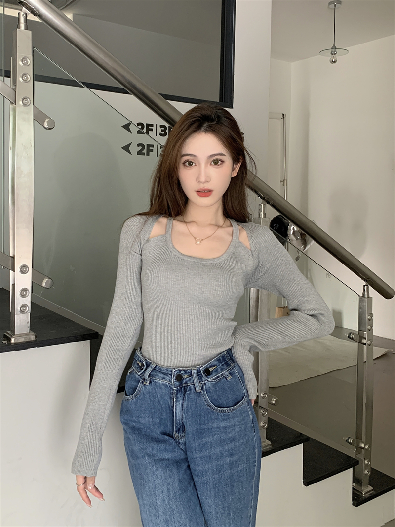 實拍 設計感鏤空露鎖骨修身百搭純色長袖針織打底衫T恤上衣女
