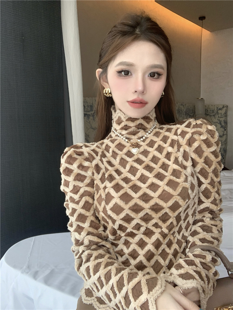 實拍~2023秋冬新款法式蕾絲半高領加厚百搭小衫時尚打底衫女