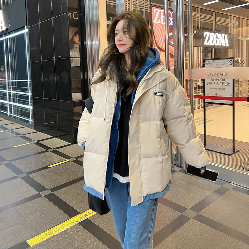 Actual shot of college style new down jacket for women short bread coat Korean version fake two-piece sweatshirt hood casual loose coat