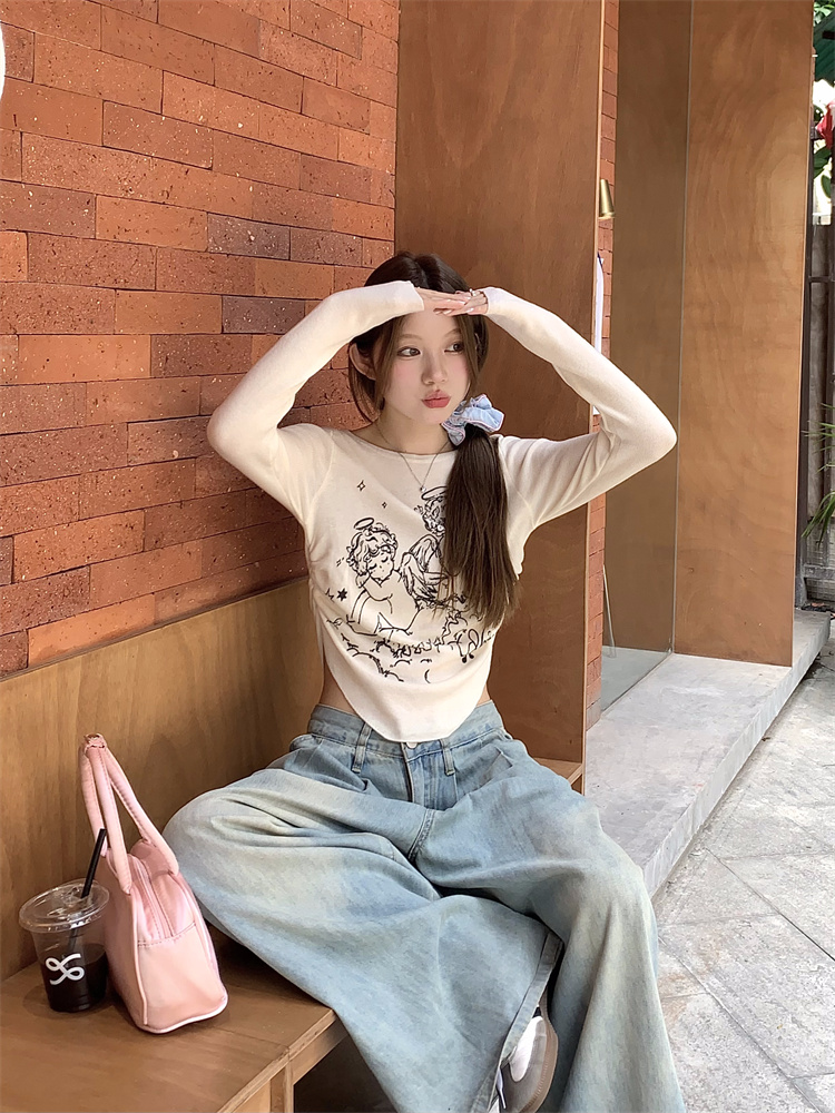 Real shot!  American retro cartoon print long-sleeved sweater for women autumn and winter slim slim long-sleeved bottoming sweater