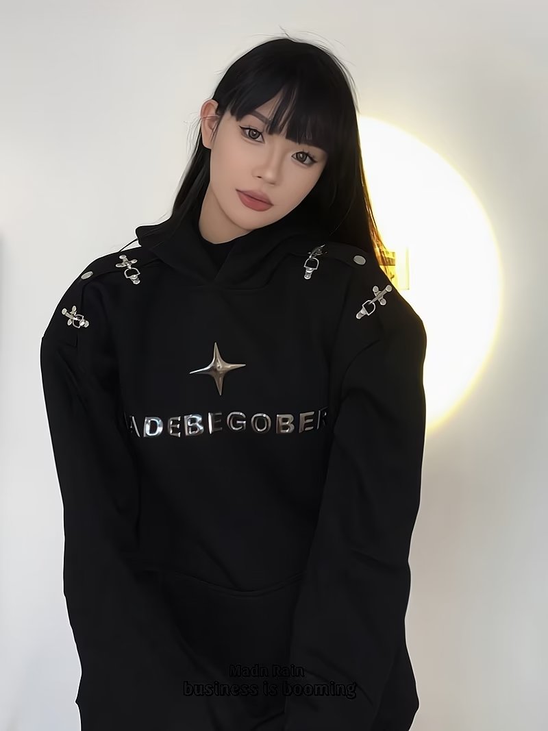 秋季小眾解構金屬飛機扣設計感連帽衛衣男女美式高街寬鬆情侶帽衫