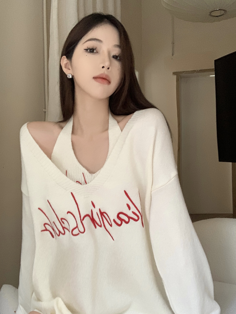 白色V領毛衣女2023秋冬小眾白色上衣兩件套設計感長款針織衫