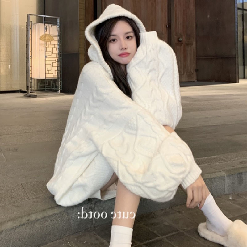 Original quality sweater women's white hooded twist coat