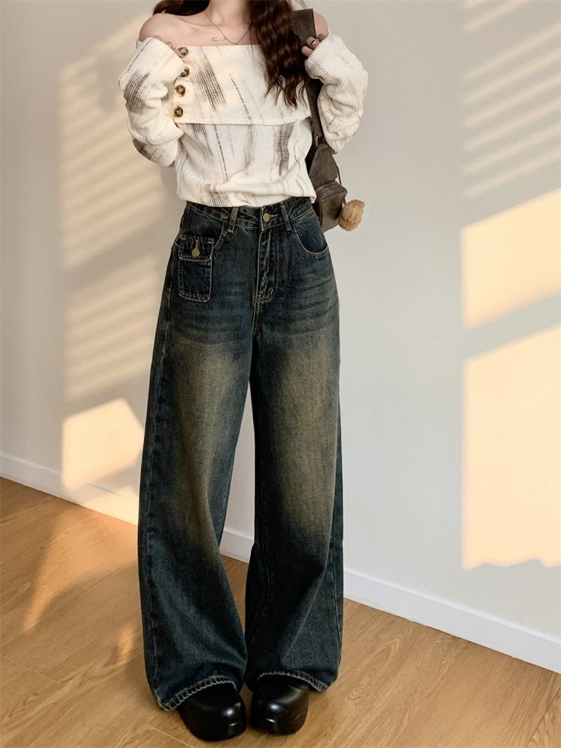 實拍 秋冬新款高腰寬鬆闊腿百搭復古懷舊闊腿長牛仔褲女