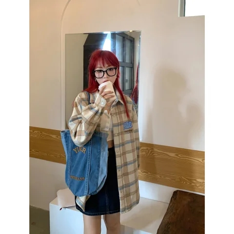 秋冬格子刺繡設計感長袖開衫女美式寬鬆慵懶風別致百搭小個子襯衫