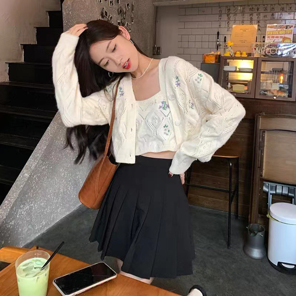 Quality Inspection Official Picture Sweater Jacket Women's 2023 Autumn and Winter Hollow Knitted Cardigan Suspender Layer Two-piece Short Top