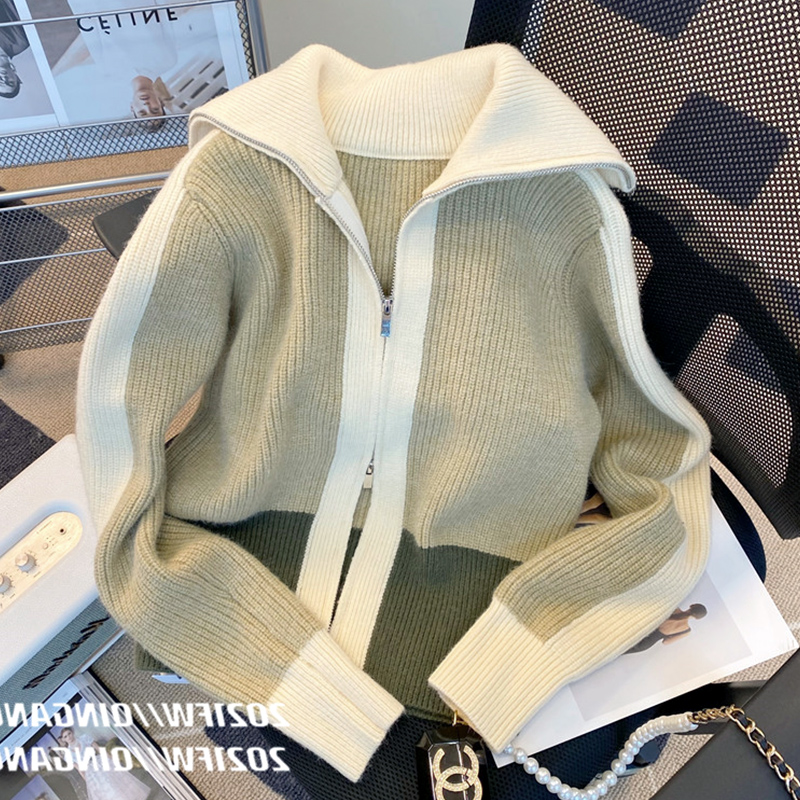 Design sense niche contrasting color chic knitted cardigan top women's autumn and winter loose thickened outer lapel sweater jacket