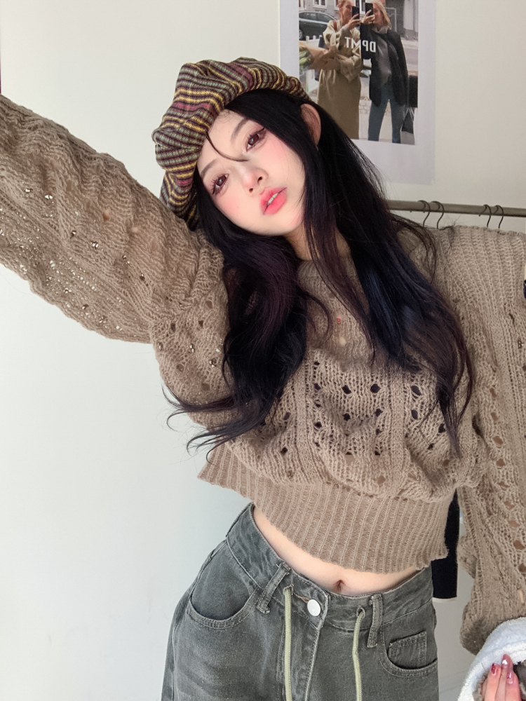 Hollow Thin Shoulder Padded Sweater Autumn 2023 New Short Long Sleeve Sweater Women's Loose Bottoming Top