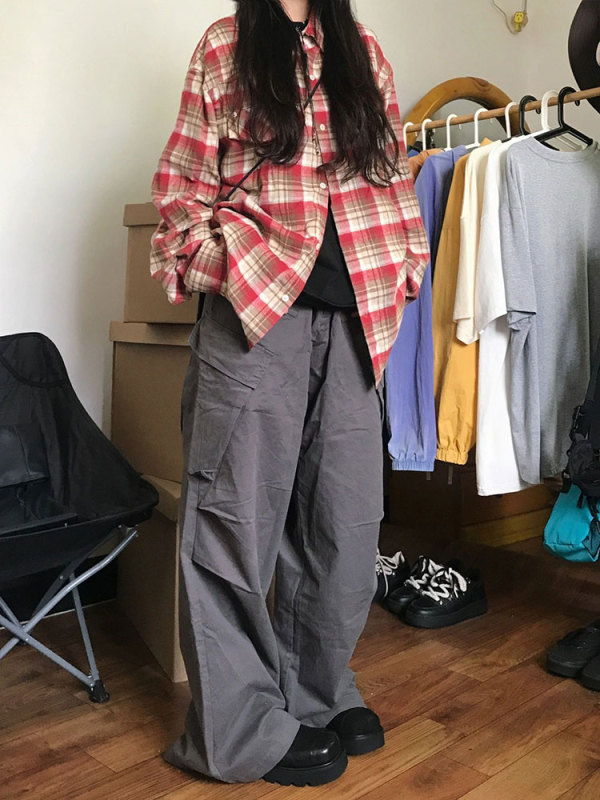 復古高街紅色格子長袖襯衫女早秋薄款vintage百搭休閒襯衣外套潮