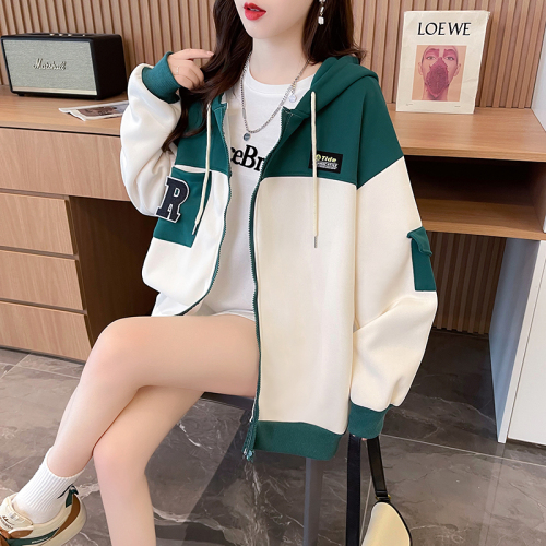 First real shot of 370 grams Chinese cotton shell velvet Korean version plus velvet thickened sweatshirt women's loose hooded baseball uniform jacket