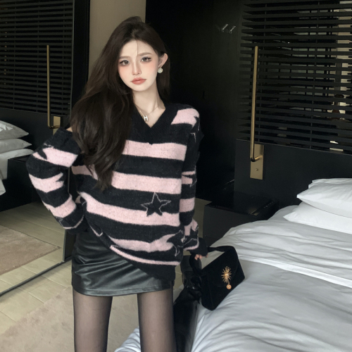 Real shot winter new style~Korean style star striped sweater long-sleeved detachable knitted top for women