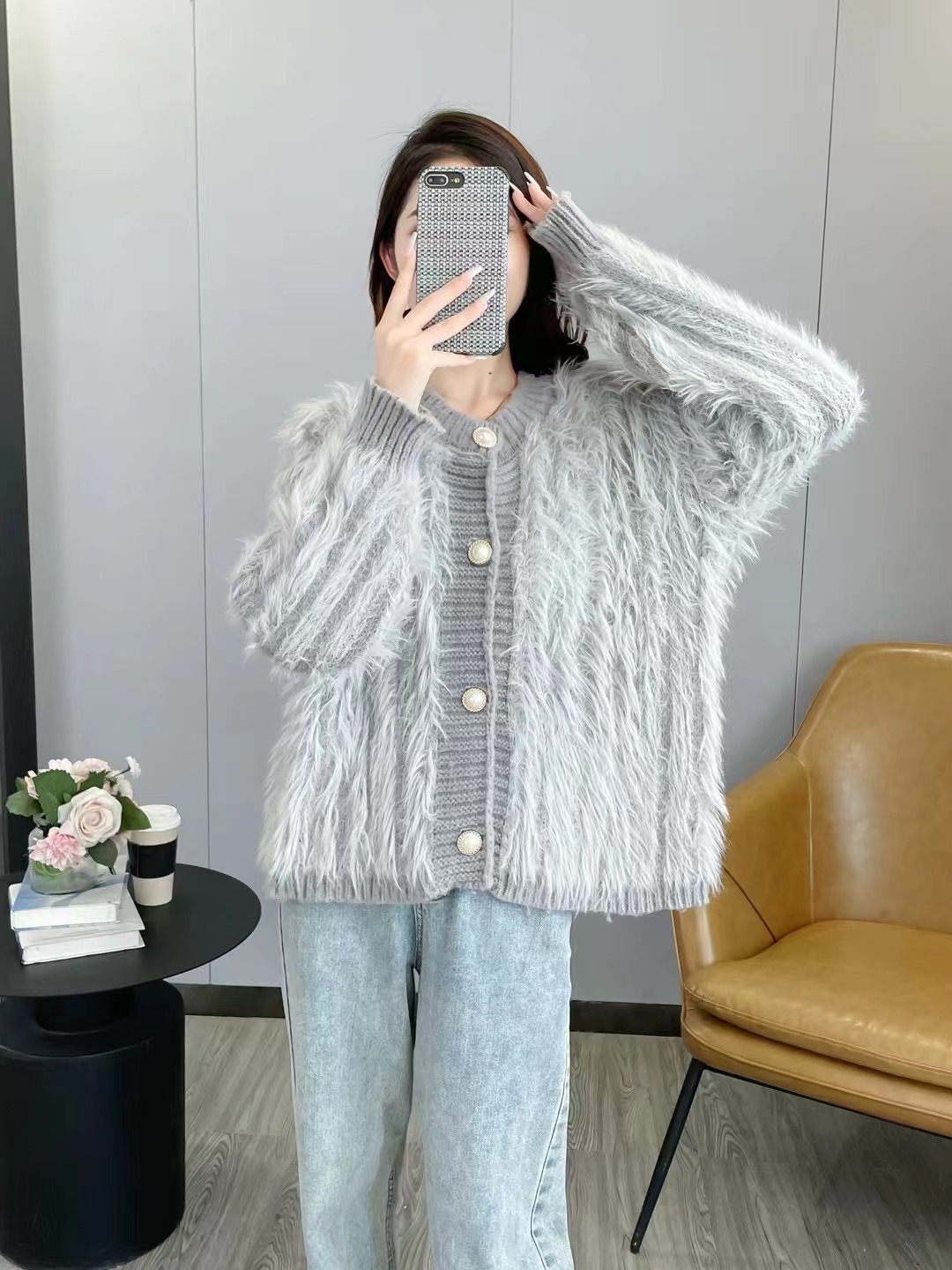 水貂絨毛衣外套女秋冬加厚新款韓版拼色寬鬆慵懶風中長款針織開衫