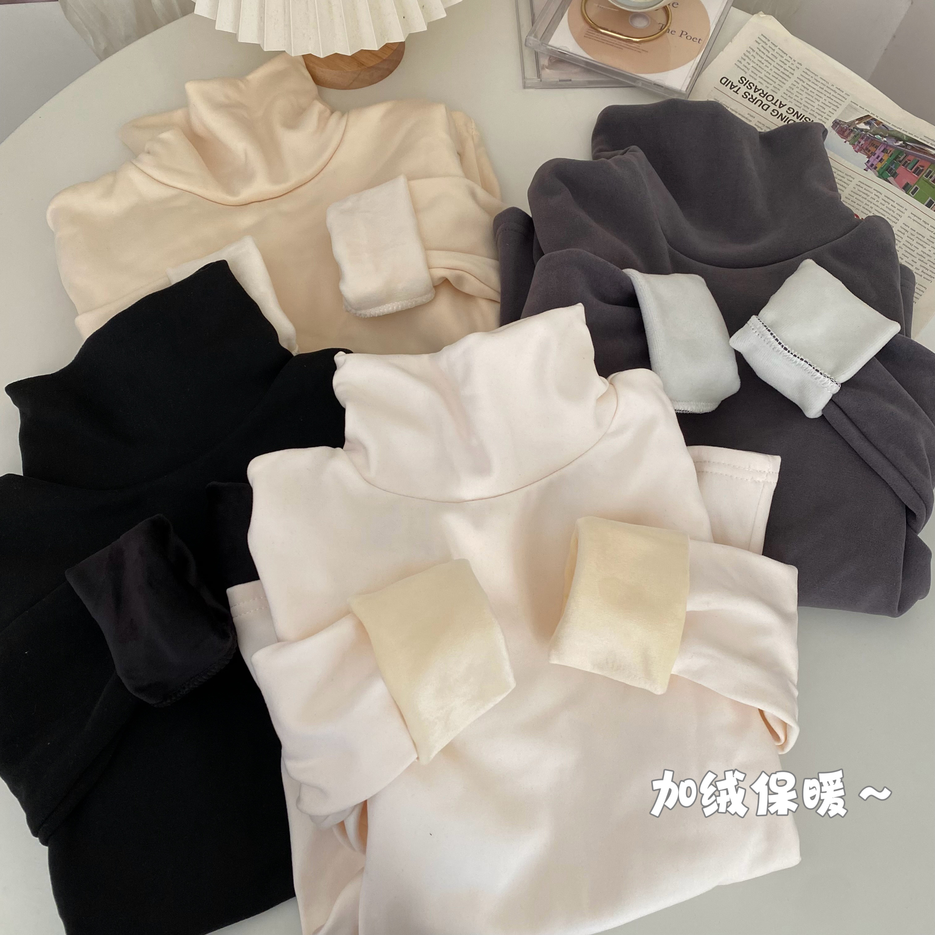 實拍~冬季加絨加厚百搭高領T恤女簡約外穿內搭純色打底上衣