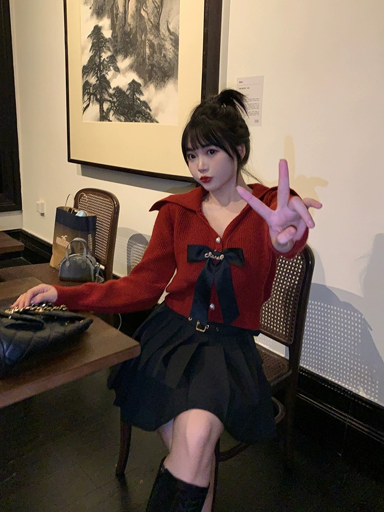 新年新款胖妹妹mm蝴蝶結減齡百褶裙紅色聖誕上衣套裝女