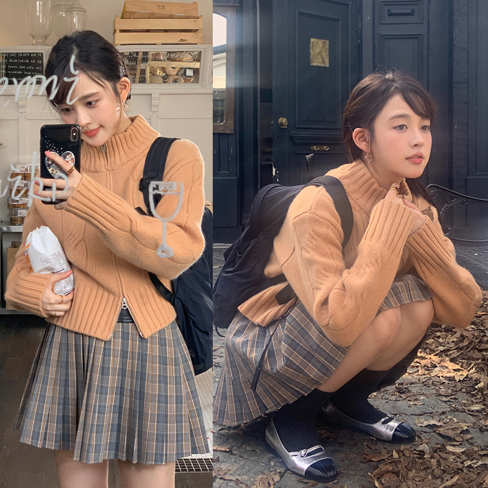 實拍 美式少女重磅加厚大麻花雙頭拉鏈立領羊絨保暖開衫外套毛衣