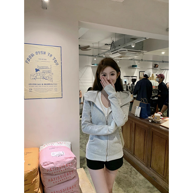Chinese cotton composite milk silk hooded sweatshirt for women spring and autumn American retro zipper slim jacket