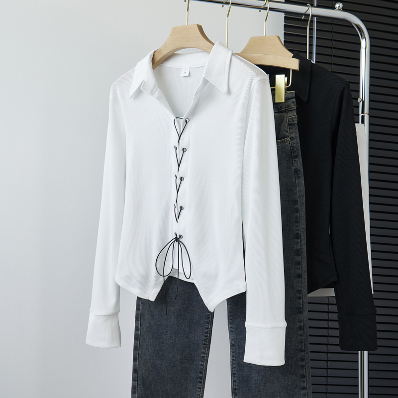 Real shot of Tmall quality short t-shirt for women in spring and autumn hot girl strappy slim shirt polo collar long-sleeved top