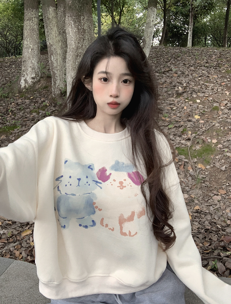 本店原創~實拍~水彩動物短款圓領加絨加厚衛衣