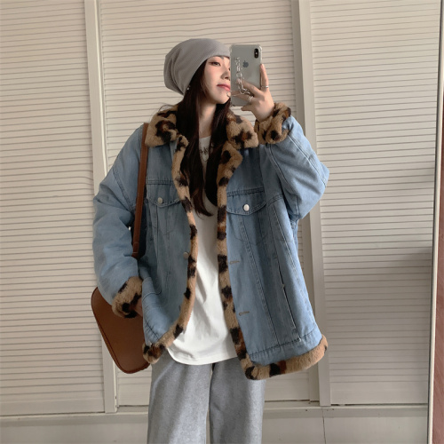 Retro chic reversible denim jacket for women  winter thickened cool girl wear rabbit fur temperament leopard print coat