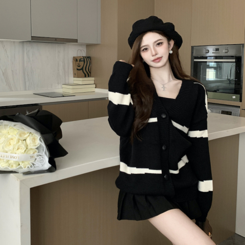 Real shot Korean style irregular design pattern sweater knitted cardigan jacket for women