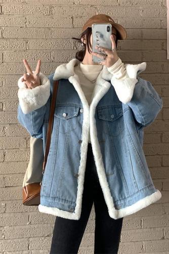 Retro chic reversible denim jacket for women 2023 winter thickened cool girl wear rabbit fur temperament leopard print coat