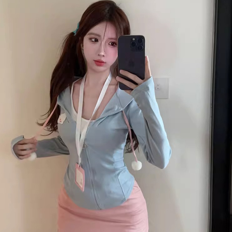 Hot girl suit, waist-cinching sunscreen top, women's autumn and winter skirt, hip-covering short skirt, two-piece skirt set