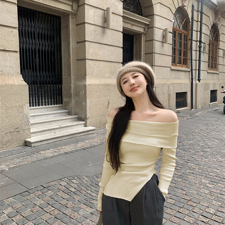 Hot girl one-shoulder long-sleeved T-shirt bottoming shirt for women autumn new sexy irregular slim slim short top