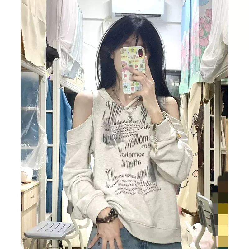 美式復古鏤空露肩長袖衛衣女春秋款薄款設計感小眾小個子圓領上衣