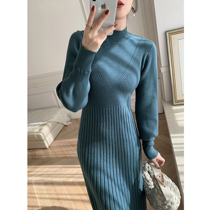 French design niche long bottoming turtleneck sweater dress small fragrant blue knitted dress for women in autumn and winter