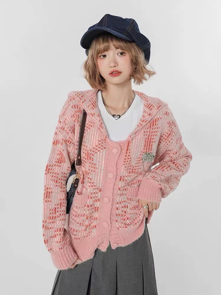 Girlyhalo navy collar pink knitted sweater cardigan women's autumn and winter new college style loose coat top