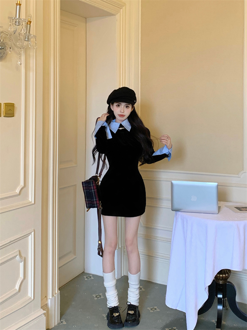 實拍 撞色拼接假兩件翻領赫本風收腰絲絨連衣裙女