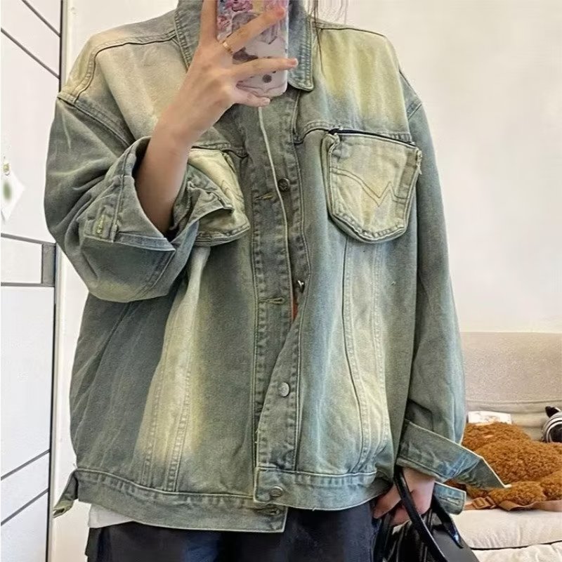美式復古立體口袋牛仔外套女春秋高街水洗做舊漸變休閒工裝夾克