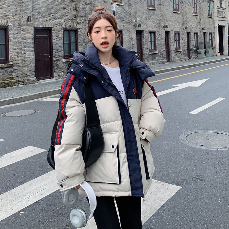 Duck and Duck Same Style 2023 Autumn and Winter New Contrast Color Fashion Down Cotton Jacket Women's Loose Thickened Warm Cotton Jacket