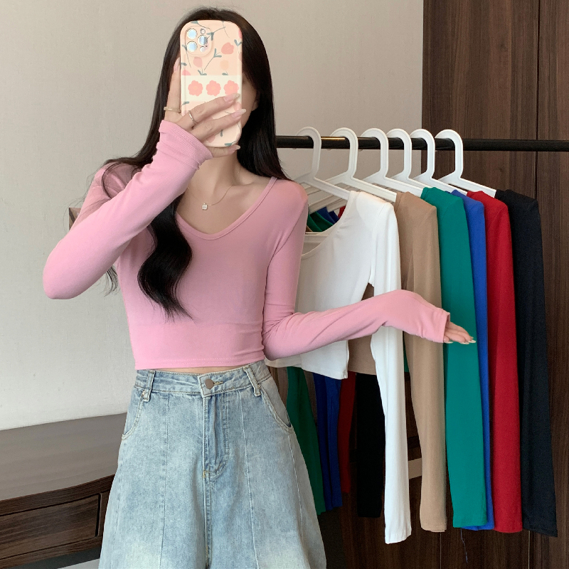 Actual shot of new casual ammonia velvet brushed thin velvet long-sleeved T-shirt women's V-neck short bottoming shirt women's winter wear