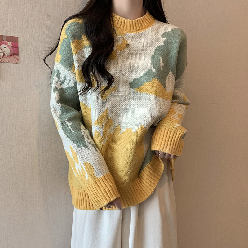 韓版冬季設計感軟糯針織毛衣女新款寬鬆休閒圓領套頭上衣潮牌