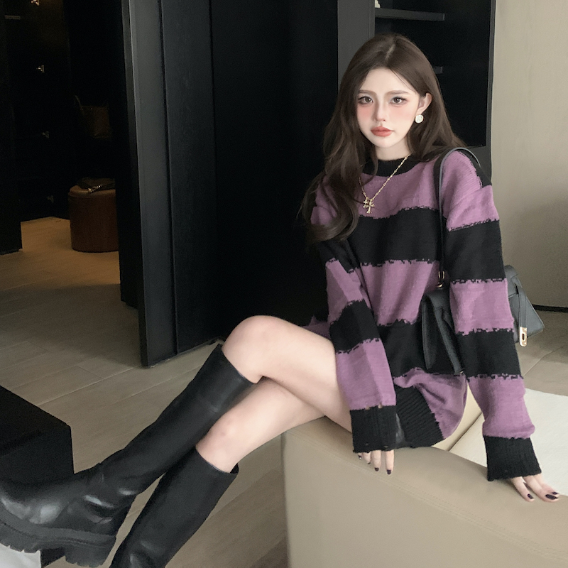 實拍 鏤空編織條紋馬海毛毛衣女寬鬆慵懶外穿薄款中長款上衣