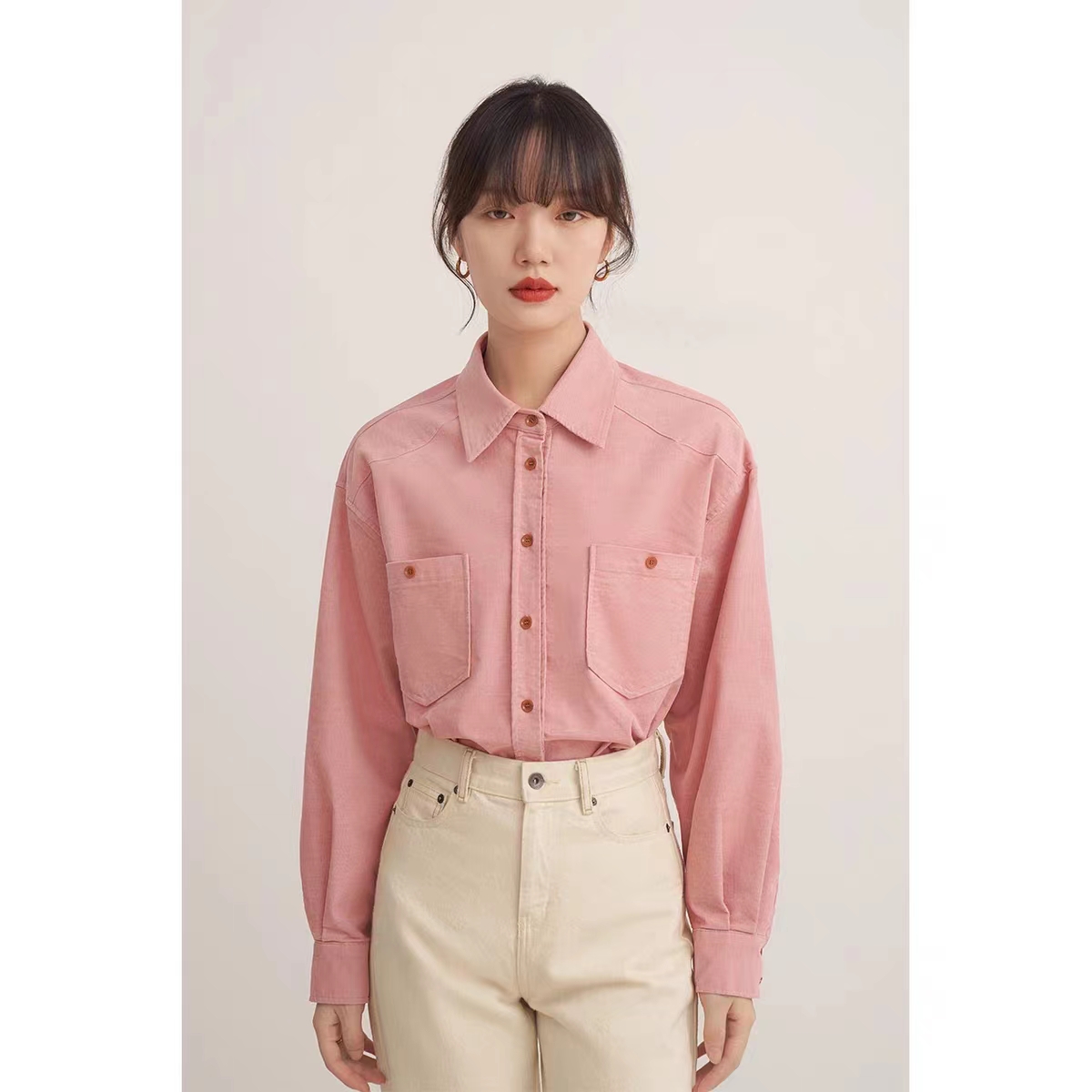Faslu pink corduroy shirt for women spring and autumn new long-sleeved French top design Hong Kong style shirt