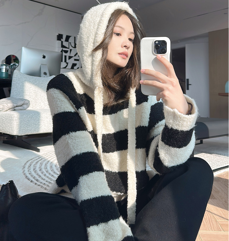 Autumn and winter plus size women's Korean style striped sweater wool blended loop yarn hooded loose knitted sweater jacket