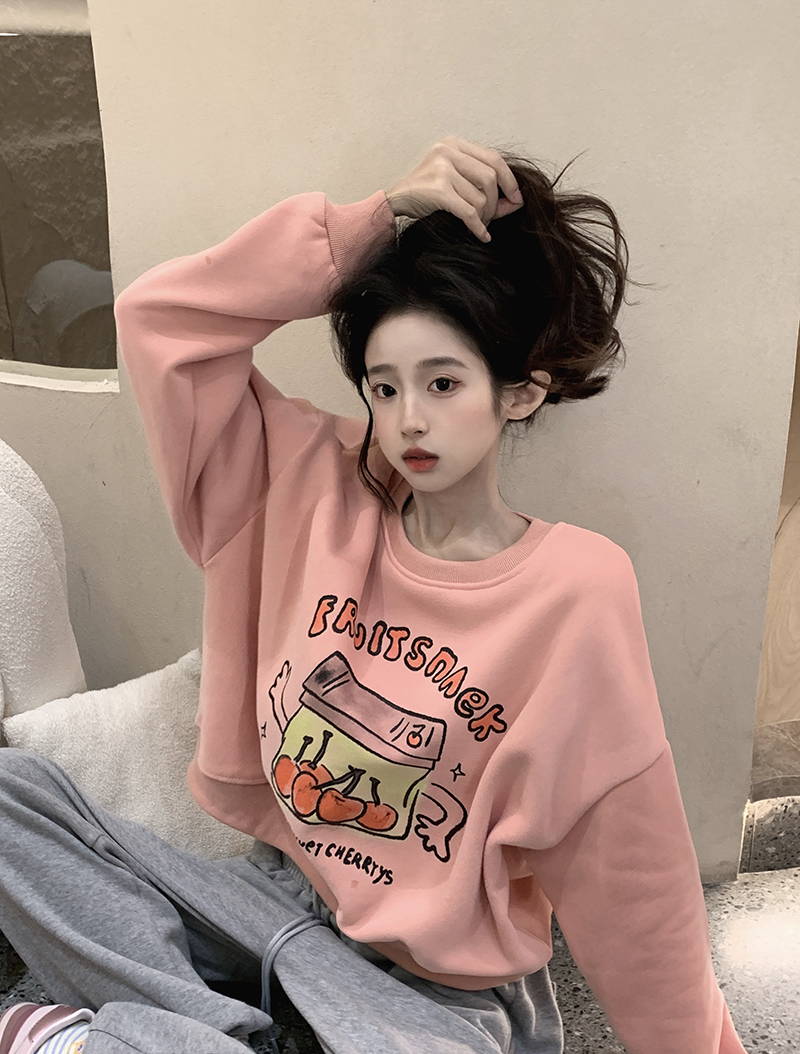本店原創~實拍~水彩櫻桃盒熊短款圓領加絨加厚衛衣