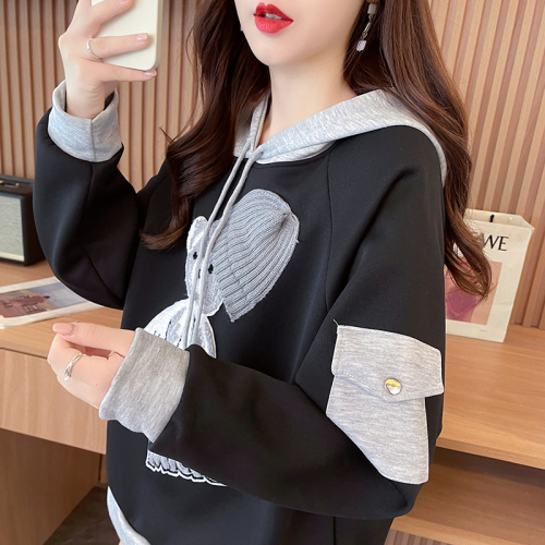 First real shot of 370g Chinese cotton shell velvet niche contrasting color hooded sweatshirt for women autumn and winter new small top