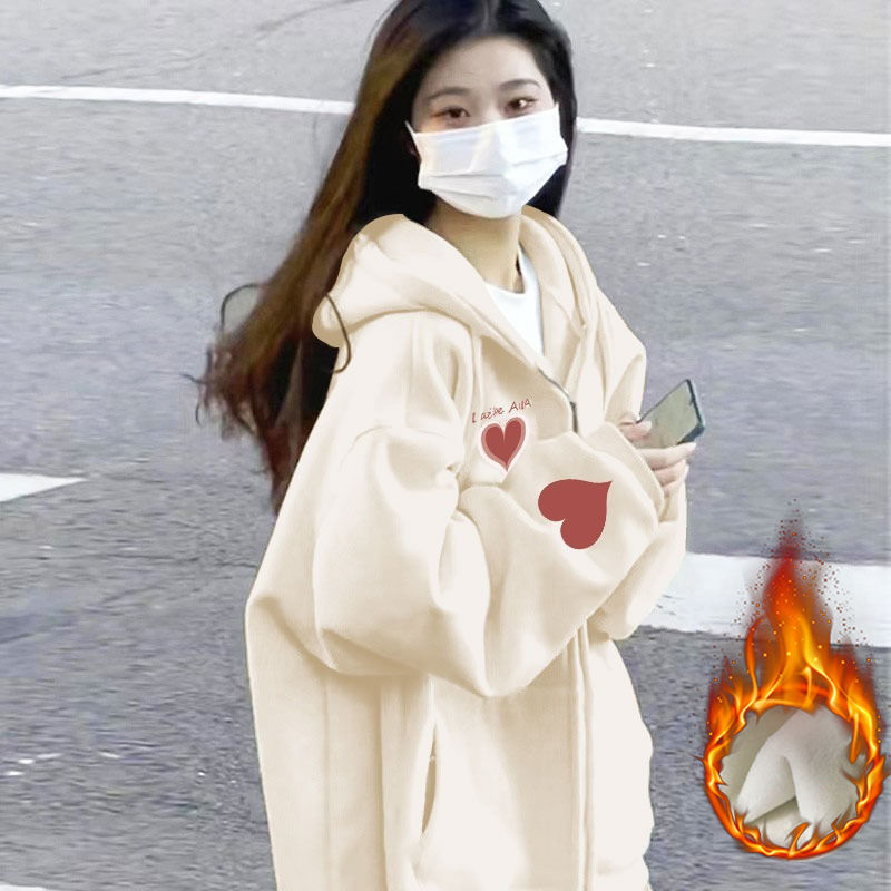 薄款+加絨100%棉面華棉2023新款印花連帽拉鏈衛衣秋冬外套女