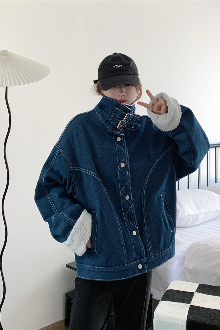 Blue Denim Lamb Wool Jacket Women's Autumn and Winter 2023 New Korean Style Niche Design Versatile Jacket Top