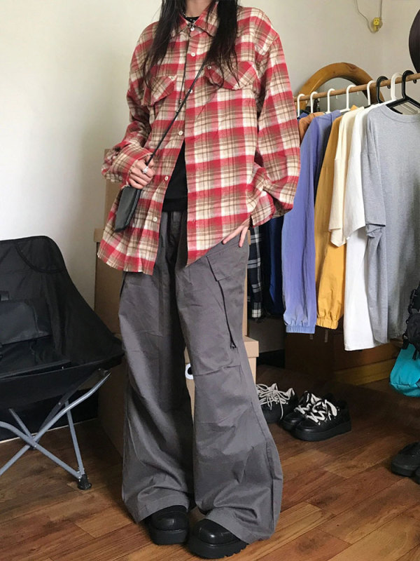 街頭復古紅色格子襯衫女秋季寬鬆單排扣情侶百搭襯衣防曬長袖外套
