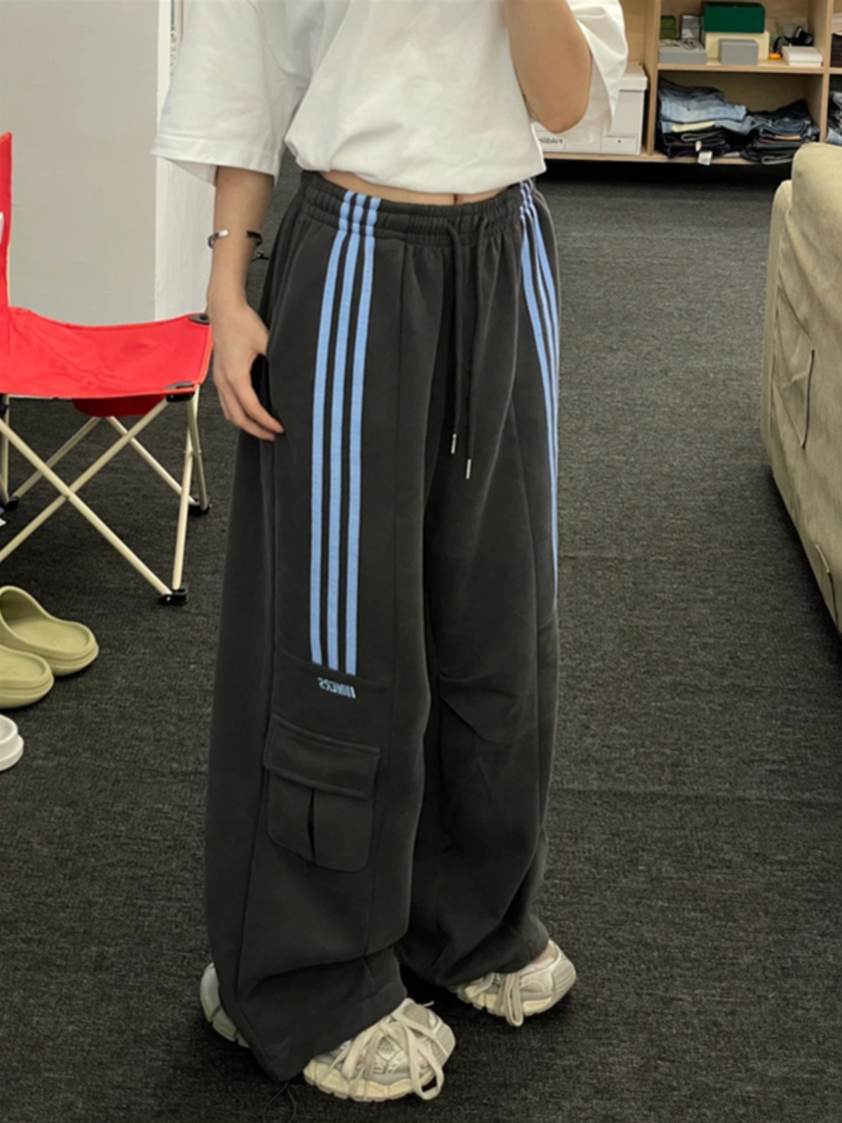 純棉華棉複合牛奶絲復古黑灰色休閒運動褲女三條槓衛褲