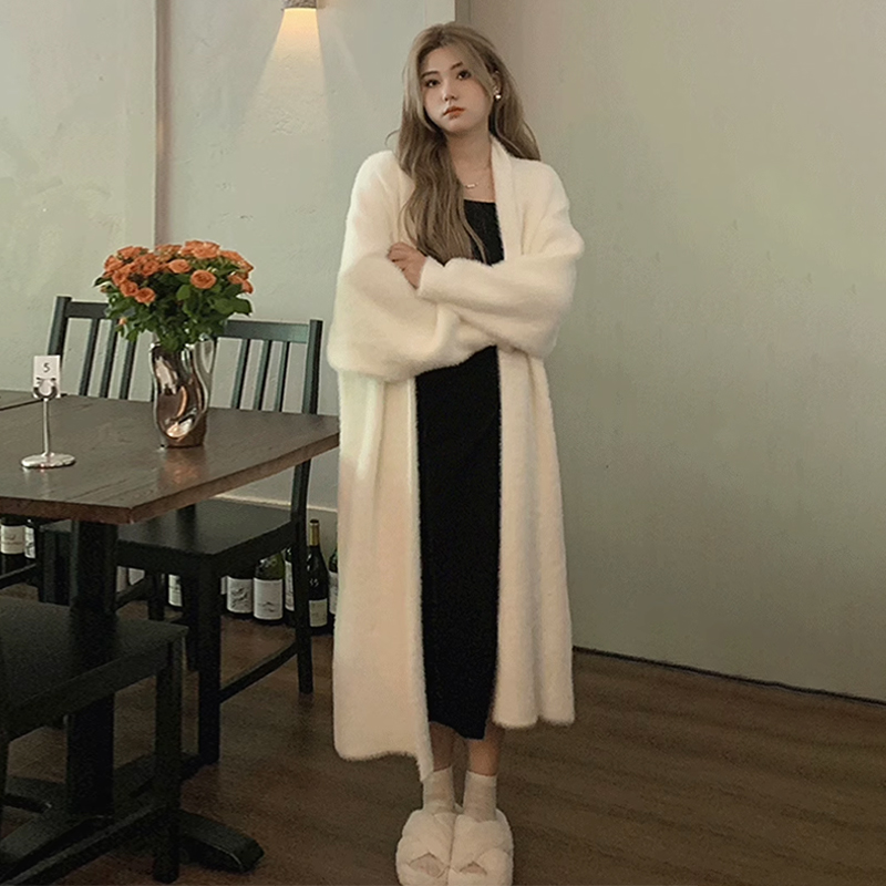 Annie Buhuo soft waxy knitted cardigan sweater for women in autumn and winter, fat and slim, lazy style imitation mink velvet long coat
