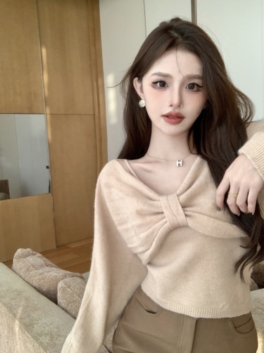 Actual shot of designer small off-shoulder sweater blouse, knitted tops for women, two-piece set