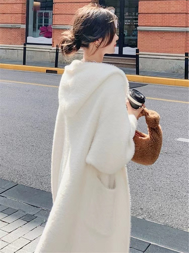 Mink velvet coat hooded knitted cardigan women's autumn and winter mid-length 2023 new lazy style sweater jacket
